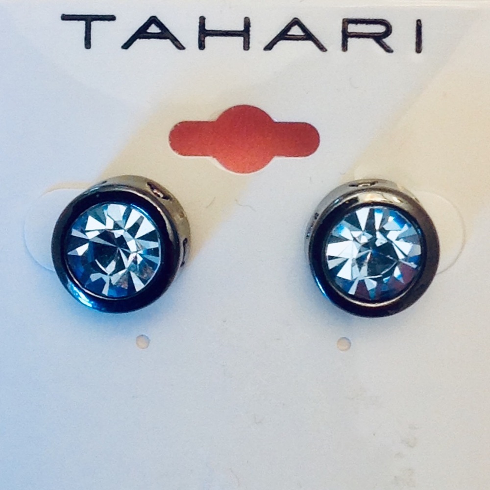 NEW - Tahari Blue Crystal Round Small Stud Post Earrings with Gun Metal Setting